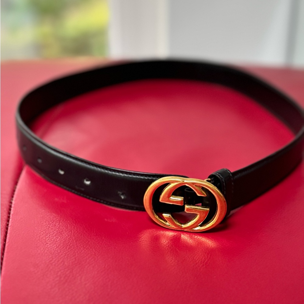 Gucci Black Leather Belt with Gold Buckle